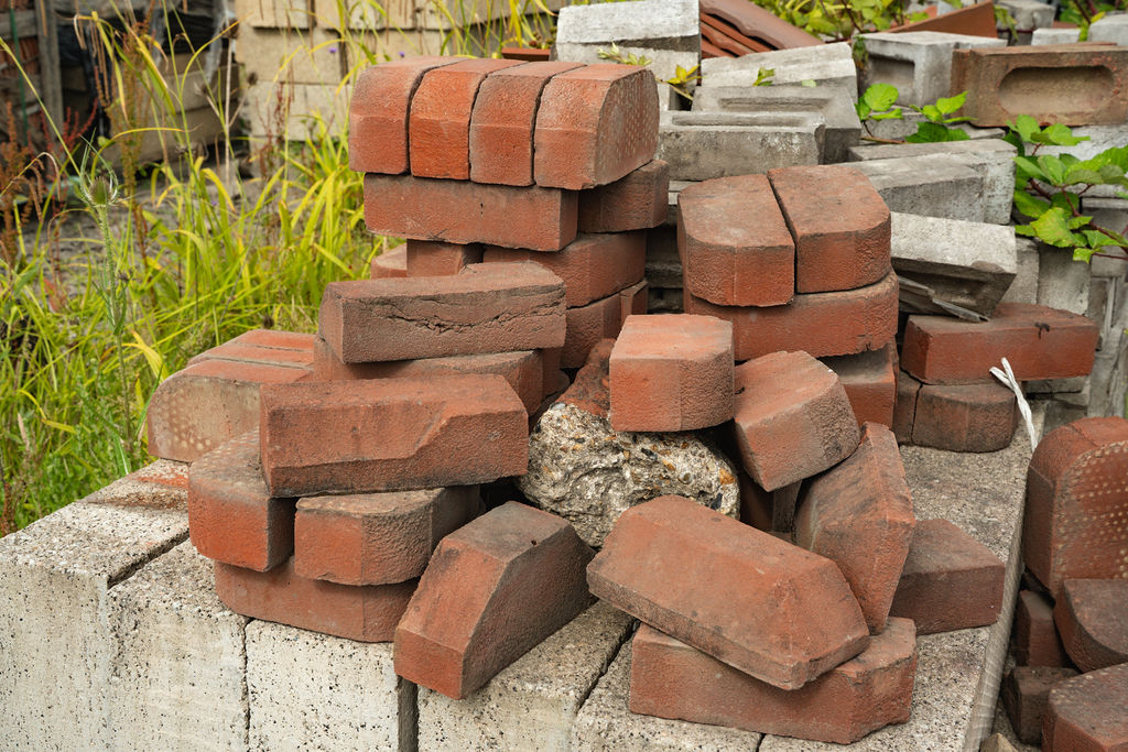 Shaped and bullnose bricks stacked in the Steward yard